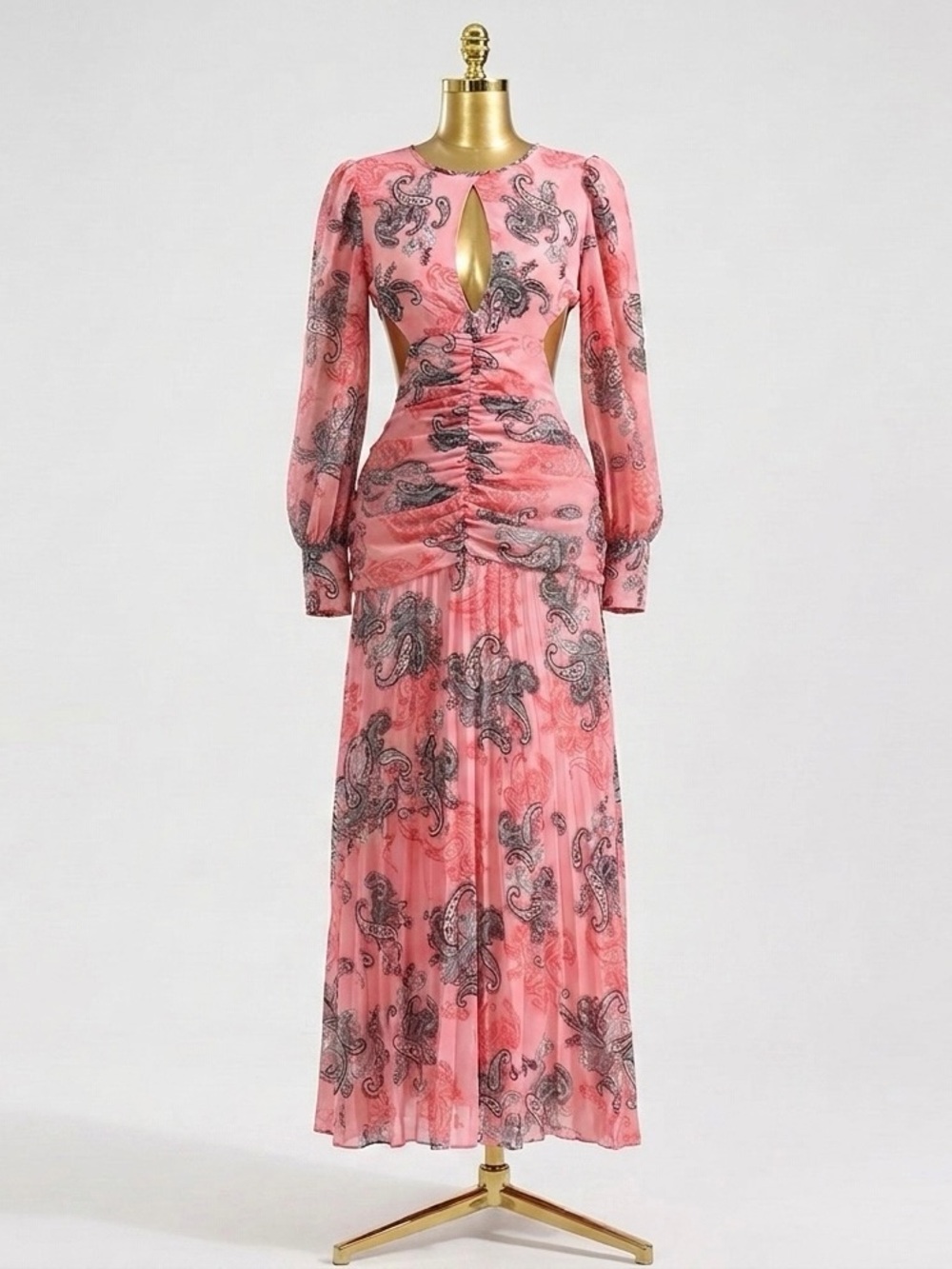 Pink Paisley Long Sleeve Maxi Dress with Front Cutout